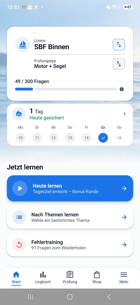 Boatpass SBF Lernapp – Startbildschirm mit Lernfortschritt und Streak