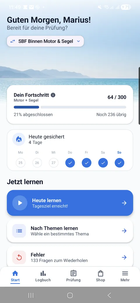 Boatpass SBF Lernapp – Hauptscreen
