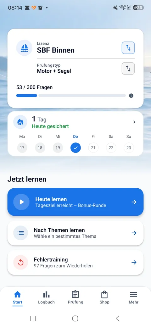 Boatpass App – Startbildschirm mit Tagesziel, Streak und Lernmodi
