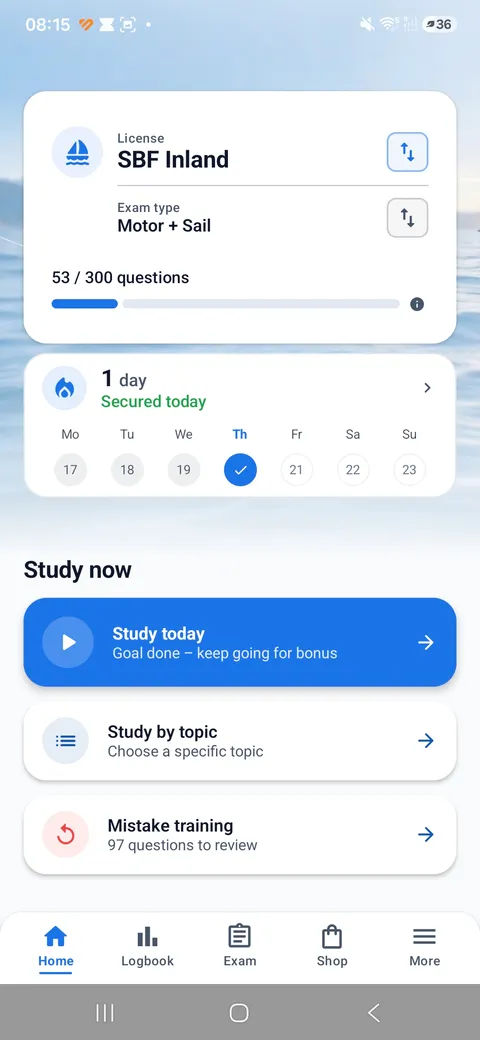 Boatpass app – home screen with daily goal, streak and study modes