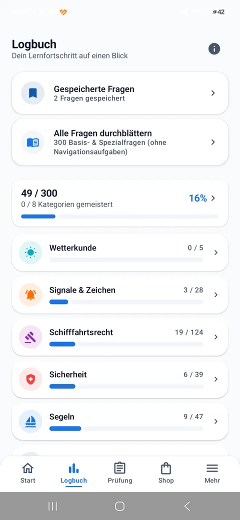 Boatpass App – Logbuch mit Fortschritt je Kategorie
