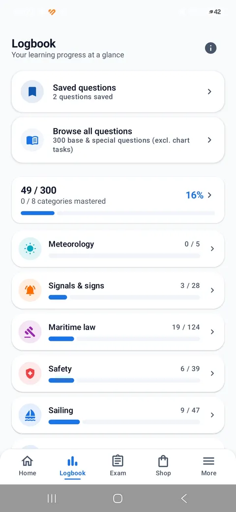 Boatpass App – Logbuch mit Fortschritt je Kategorie