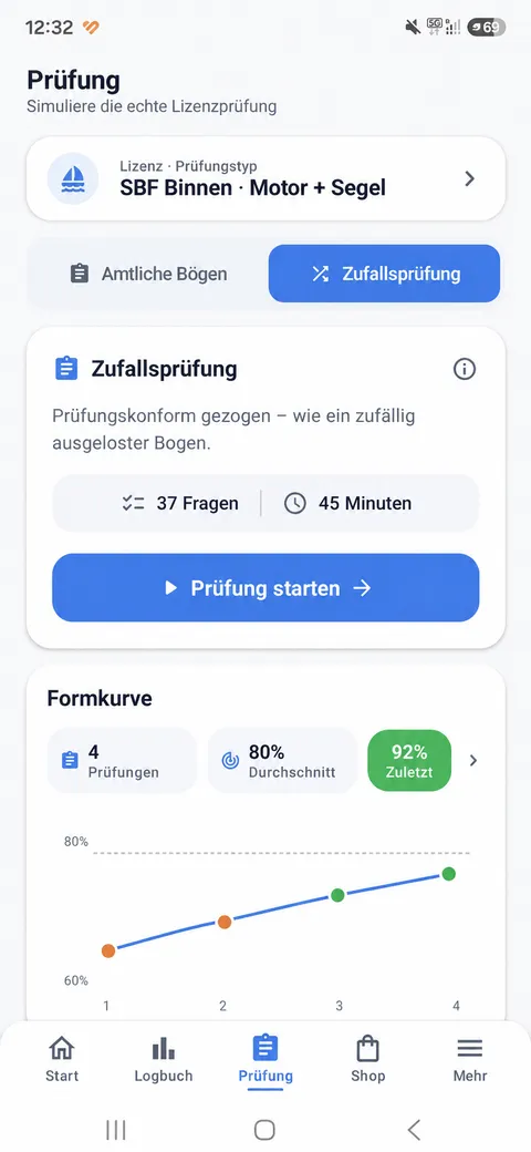 Boatpass App – Prüfungsbereich mit Formkurve