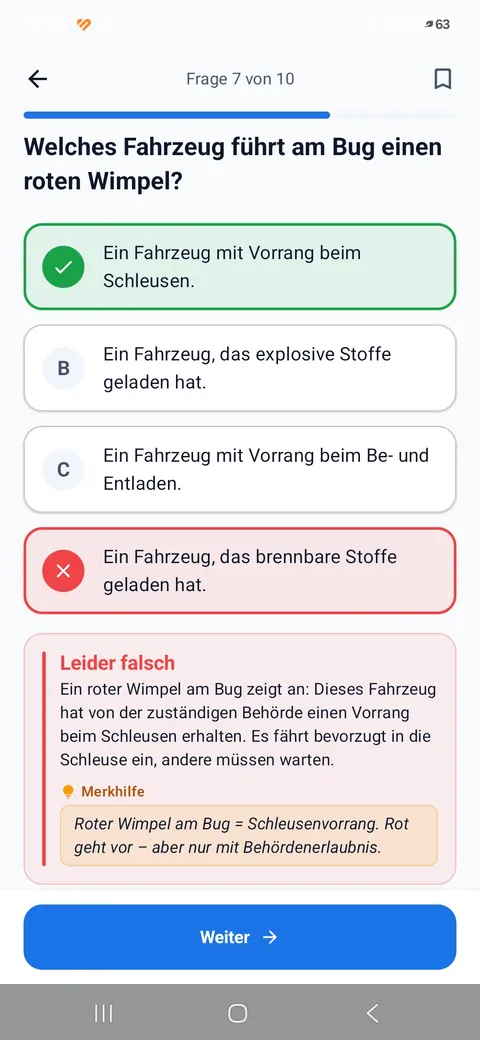 Boatpass App – Frage mit Erklärung und Merkhilfe