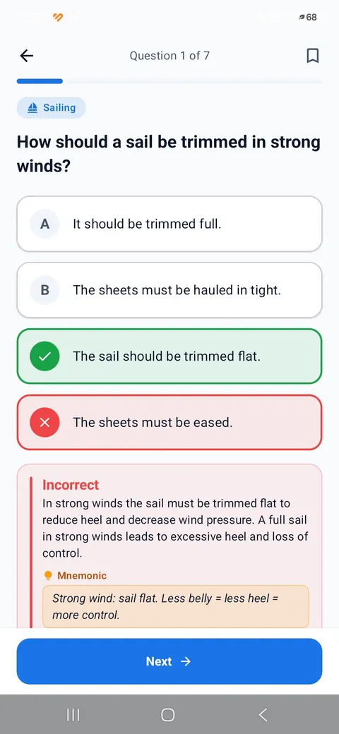 Boatpass App – Frage mit Erklärung und Merkhilfe