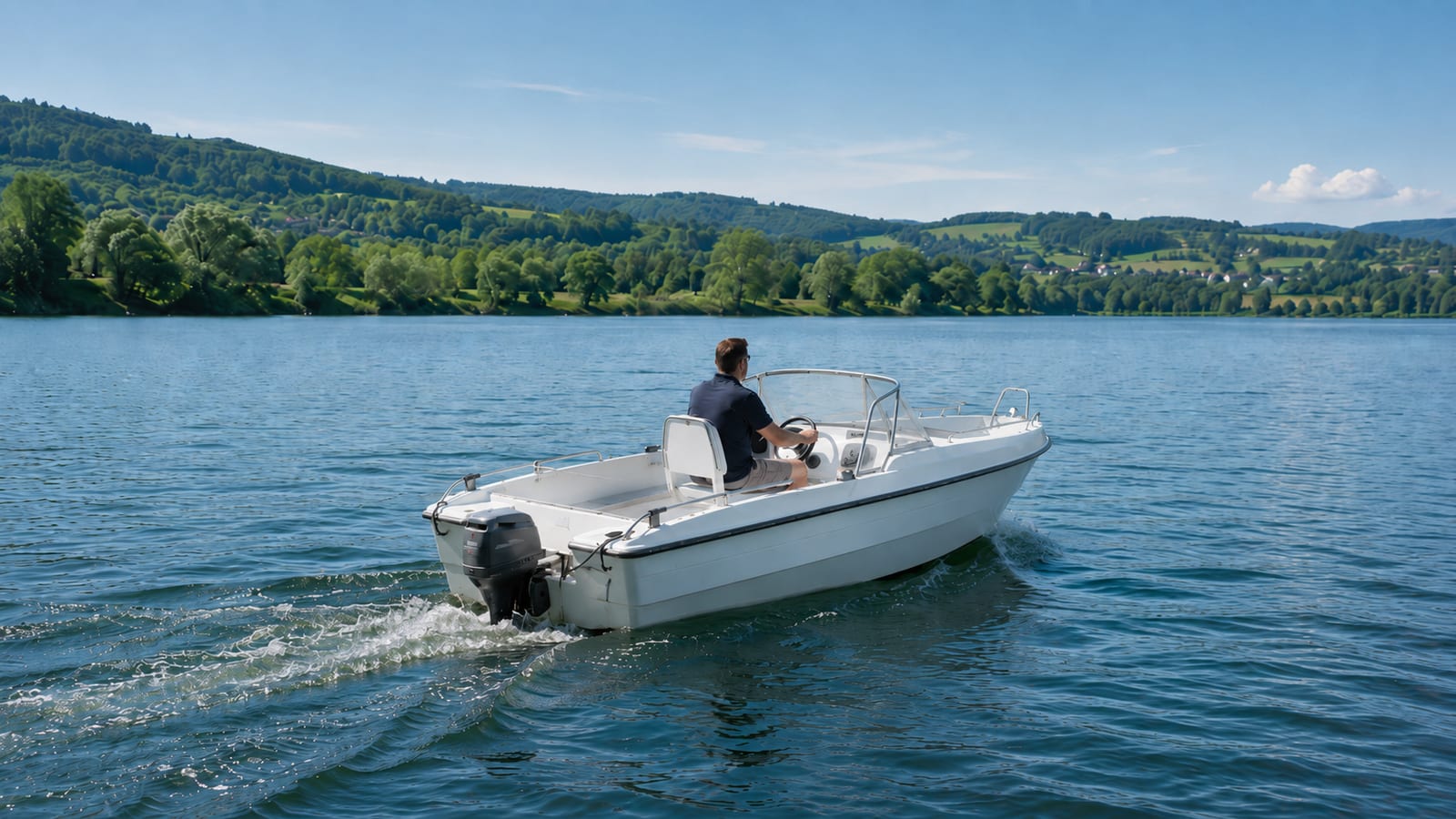 Ein kleines offenes Motorboot mit Außenborder fährt auf einem ruhigen See vor grüner Hügellandschaft, der Fahrer steuert am Lenkrad