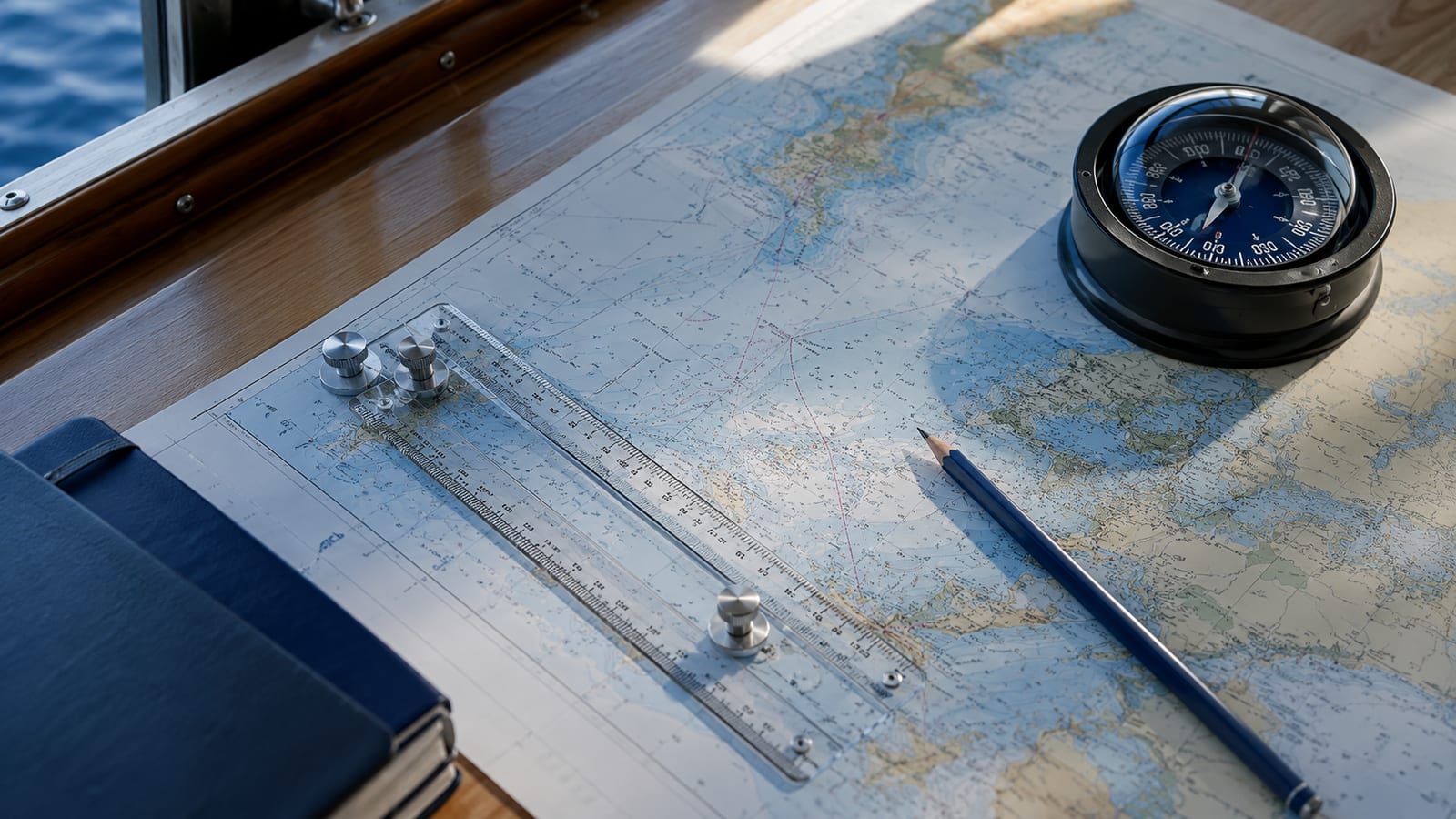 Seekarte auf einem Kartentisch mit Kursdreieck-Lineal, Bleistift und Bootskompass in der Morgensonne