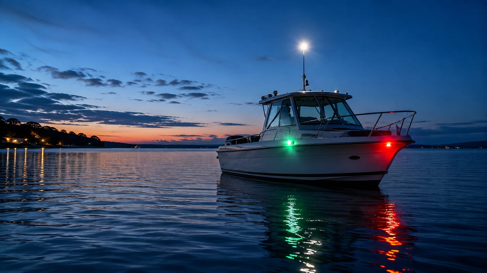 Ein Boot bei Dämmerung auf ruhigem Wasser mit sichtbarem rotem Backbord-Seitenlicht, grünem Steuerbord-Seitenlicht und weißem Topplicht