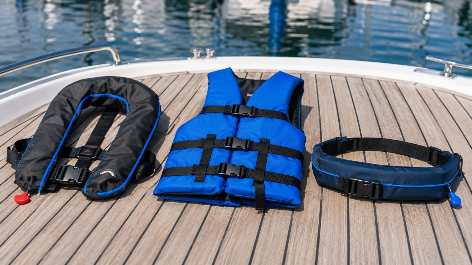 Drei verschiedene Rettungswesten-Typen nebeneinander auf einem Bootsdeck: eine schwarze automatische Aufblasweste, eine blaue Feststoffweste und ein dunkelblauer aufblasbarer Rettungsgurt